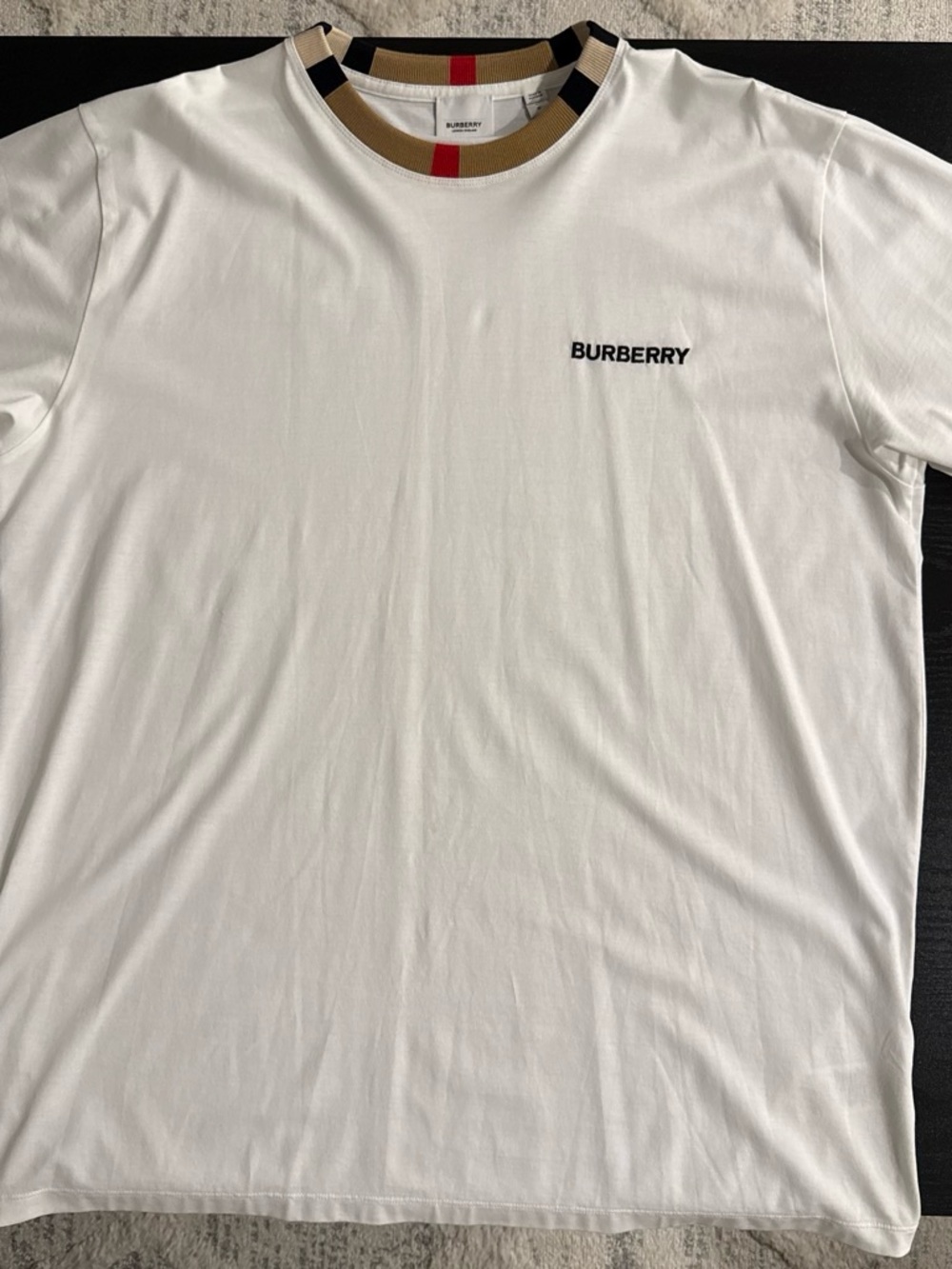 Burberry White Short Sleeve Tee with Icon Stripe Collar